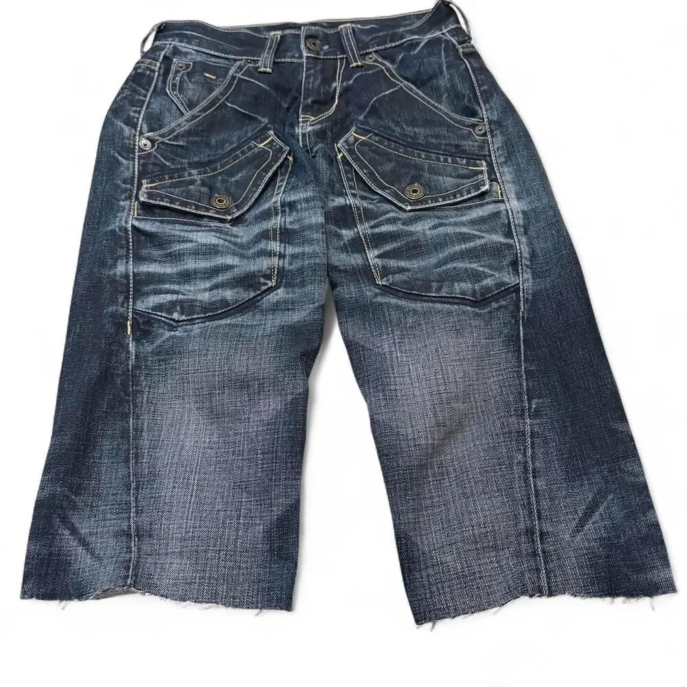 Y2K Back Number Japanese Denim Buckle Back Capri Jeans Gyaru Dark Wash Grunge - Picture 4 of 7